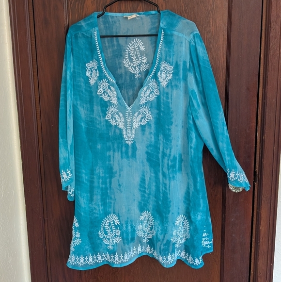 Beaches & Boho Turquoise Blue & White Swim Coverup Size 1X - Picture 1 of 6